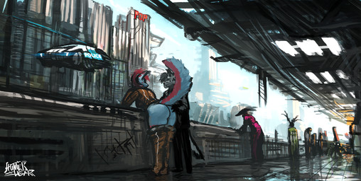 anthro big_butt bottomless bottomwear bottomwear_down butt butt_grab clothed clothing female fluffy fluffy_tail flying_car flying_vehicle fur future group hand_on_butt horn male pants pants_down partially_clothed public science_fiction tail sligarthetiger alxias ally_(alxias) sligar canid canine canis coyote demon fox hybrid mammal wolf digital_media_(artwork) digital_painting_(artwork) painting_(artwork)