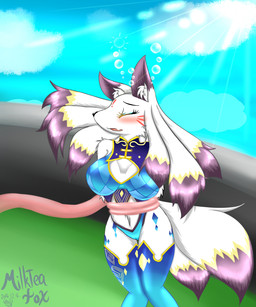 anthro armor brown_body brown_fur eyes_closed female fur sex solo strapped tentacles tongue white_body white_fur milkteafox cyberconnect2 drecom full_bokko_heroes canid canine canis domestic_dog mammal 2014 5:6 hi_res