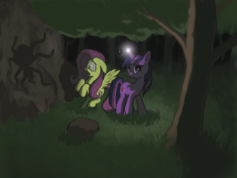 cutie_mark dark detailed_background duo feathered_wings feathers female forest fur glowing grass hair light multicolored_hair nature outside plant purple_body purple_eyes purple_fur purple_hair rock shadow tree two_tone_hair wings yellow_body yellow_feathers cannibalus friendship_is_magic hasbro my_little_pony mythology fluttershy_(mlp) twilight_sparkle_(mlp) arachnid arthropod equid equine mammal mythological_creature mythological_equine pegasus spider 2013 4:3