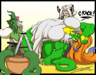 anthro big_breasts blue_eyes breasts clothing cosplay costume dirt dress female fur green_body group hair male navel_outline one_eye_closed plant sound_effects square_crossover tongue tongue_out trio white_body white_fur white_hair yellow_eyes deonwolf little_shop_of_horrors audrey_fulquard audrey_ii deon_(deonwolf) seymour_krelborn umbri animal_humanoid canid canine canis dinosaur_humanoid humanoid mammal reptile reptile_humanoid scalie scalie_humanoid wolf 2018 digital_media_(artwork)
