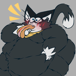 anthro back_rolls belly belly_grab big_belly big_butt black_body black_fur black_nose blue_eyes blush box butt clothing container eating embarrassed fangs fat_legs fat_rolls fingers fluffy food fur handkerchief hot_dog huge_belly huge_butt huge_hips huge_thighs kerchief male markings mask obese obese_anthro obese_male overweight overweight_anthro overweight_male short_stack sitting solo surprised tail tail_markings teeth text thick_thighs weight_gain whiskers white_body white_fur wide_hips yellow_clothing justwatchingthings atlus fattytober megami_tensei persona_(series) persona_5 sega morgana_(persona) domestic_cat felid feline felis mammal tuxedo_cat 1:1 hi_res