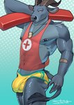 abs anthro band-aid bandage barbell_piercing blue_body blue_fur bulge butt clothing detailed_bulge fingers fur genital_outline glistening glistening_body glistening_bulge glistening_skin hooved_fingers hooves horn lifeguard looking_at_viewer male mesh_top muscular muscular_anthro muscular_arms muscular_male nipple_barbell nipple_piercing nipples pecs penis_outline piercing rescue_tube solo speedo swimwear tail tail_tuft tuft wet wet_clothing whistle_(object) statiik_(artist) bovid bovine mammal true_buffalo water_buffalo absurd_res hi_res