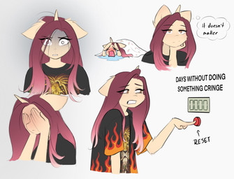 anthro bedding blanket blush bodily_fluids clothing crying female gradient_hair hair horn pushbutton shirt solo tears text thought_bubble topwear katputze hasbro my_little_pony mythology crimson_sunset_(katputze) fan_character equid equine mammal mythological_creature mythological_equine unicorn english_text hi_res