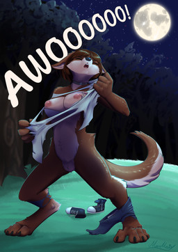 anthro big_breasts breasts brown_body brown_fur brown_hair eyes_closed featureless_crotch female front_view full_moon fur hair howl light moon moonlight nature night outside plant solo species_transformation star tearing_shirt transformation tree moomaid mythology canid canine canis mammal mythological_canine mythological_creature werecanid werecanine werecreature werewolf wolf absurd_res hi_res