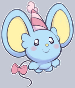 accessory ambiguous_anthro ambiguous_gender anthro big_ears biped black_eyes blue_body blue_ears blush chibi closed_smile clothing furgonomics glistening glistening_eyes grey_background hat headgear headwear high-angle_view looking_at_viewer monotone_body mostly_nude_ambiguous mostly_nude_anthro mouth_closed outline party_hat ribbons simple_background simple_eyes smile solo standing tail tail_accessory tail_ribbon white_outline yellow_inner_ear yellow_nose heshieokf onegai_my_melody sanrio flat_(sanrio) mammal mouse murid murine rodent 2025 digital_drawing_(artwork) digital_media_(artwork) full-length_portrait hi_res portrait shaded soft_shading male_(lore)
