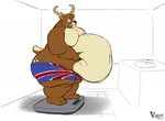 3_toes anthro antlers bathroom belly belly_grab big_belly big_butt brown_body brown_fur butt clothed clothing cream_belly faucet feet fur horn huge_belly hyper hyper_belly lifting_belly looking_at_viewer male markings moobs morbidly_obese morbidly_obese_anthro morbidly_obese_male navel obese obese_anthro obese_male overweight overweight_anthro overweight_male partially_clothed simple_background sink solo spots spotted_markings tail tan_tail thick_thighs toes union_jack weighing_scale wide_eyed kazecat deer mammal