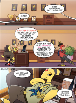 ambiguous_gender anthro aviator_cap aviator_goggles award badge cabinet computer desk dialogue duo electronics feet furniture harmony_scarf keyboard paper picture_frame plant plant_pot potted_plant red_body sparkles speech_bubble table talons text toes trophy wings yellow_body odeko-yma nintendo pokemon pokemon_mystery_dungeon spike_chunsoft captain_cinder_(odeko-yma) ampharos generation_2_pokemon generation_6_pokemon pokemon_(species) talonflame 2026 absurd_res comic digital_media_(artwork) english_text hi_res signature