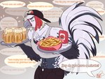 alcohol anthro avian_caruncle backwards_baseball_cap backwards_hat baseball_cap beak beer beer_mug beverage big_tail bottomwear clothed clothing comb_(anatomy) dialogue fast_food fast_food_employee feathers food fries frown fully_clothed hat head_crest headgear headwear ketchup male midriff muscular muscular_anthro muscular_male offscreen_character pants plate solo speech_bubble tail tail_feathers waiter b0ycub avian bird chicken galliform gallus_(genus) phasianid 2024 absurd_res hi_res