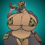 anthro areola big_breasts bikini boots breasts camo camo_bikini camo_clothing camo_print camo_swimwear clothing dog_tags eyewear female footwear gun hat headgear headwear holster holstered_pistol huge_breasts hyper hyper_breasts nipple_outline pattern_bikini pattern_clothing pattern_swimwear ranged_weapon shoes shotgun smile solo sunglasses swimwear two-piece_swimsuit underwear weapon hayakain olyvia_cross_(sexyblaziken) the_bombshells_(sexyblaziken) canid canine canis dobermann domestic_dog mammal pinscher 1:1 absurd_res hi_res