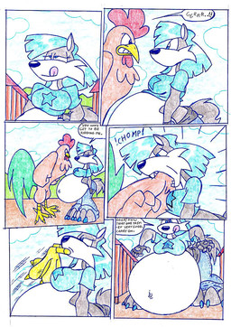 anthro belly big_belly blue_clothing blue_hair blue_shirt blue_topwear clothing duo female female_pred hair male oral_vore outside overweight shirt speech_bubble text topwear vore virus-20 wendy_wolf_(virus-20) canid canine canis cockerel mammal wolf 2007 comic traditional_media_(artwork)