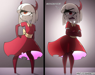 1_eye 2_panel_comic accessory armwear backlighting bottomwear breasts clothing crossed_arms dialogue dress elbow_gloves fake_horns female freckled_face freckles gloves hair hair_accessory hairband handwear horned_hairband knock-kneed light not_furry red_armwear red_clothing red_dress red_elbow_gloves red_eyes red_gloves red_handwear short_hair simple_background skirt small_breasts small_waist solo text translucent translucent_bottomwear translucent_clothing translucent_skirt waist_bow white_hair wide_hips barryfactory suzie_(barryfactory) cyclops demon humanoid 2025 english_text hi_res lighting