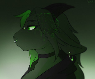 anthro brain choker ear_piercing eyebrows eyelashes facial_piercing female furgonomic_piercing furgonomics gradient_background green_eyes hair horn jewelry long_hair muzzle_piercing necklace nose_piercing nose_ring organs piercing ring_piercing septum_piercing septum_ring side_view simple_background solo spider_bones bridgette_(spider_bones) bovid caprine goat mammal 2026 6:5 bust_portrait digital_media_(artwork) portrait restricted_palette