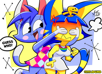 anthro black_eyes blue_body blue_fur blue_hair blush breasts clothed clothing collared_shirt covering covering_eyes covering_face cross-popping_vein dialogue dress_shirt duo eyelashes female fur hair medium_breasts open_mouth pattern_clothing pie_cut_eyes shirt simple_background smile speech_bubble stripes tail text topwear yellow_body yellow_fur jdone animal_crossing nintendo ankha_(animal_crossing) rosie_(animal_crossing) domestic_cat felid feline felis mammal 2026 digital_media_(artwork) english_text hi_res