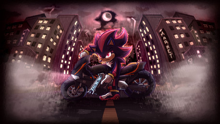 5_fingers anthro black_body black_fur black_nose boots building chest_tuft city city_background cityscape clothing fingers footwear fur gloves gun handwear looking_at_viewer male moon motorcycle multicolored_body multicolored_fur night outside raining ranged_weapon red_body red_eyes red_fur road shoes solo text tuft vehicle weapon white_clothing white_gloves white_handwear stephsartlab akira_slide sega shadow_the_hedgehog_(video_game) sonic_the_hedgehog_(film) sonic_the_hedgehog_(series) shadow_the_hedgehog eulipotyphlan hedgehog mammal 16:9 2024 digital_drawing_(artwork) digital_media_(artwork) english_text hi_res widescreen