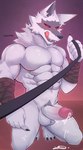 abs absurd_res anthro arm_wrapping arm_wraps balls bedroom_eyes biceps big_penis blush blush_lines bodily_fluids canid canine canis cheek_tuft claws crouching death_(puss_in_boots) digitigrade dreamworks dripping erection facial_markings facial_tuft fangs first_person_view fist fluffy fur fuzzy genital_fluids genitals glans head_markings head_tuft hi_res humanoid_genitalia humanoid_penis leash leash_pull leashed_pov licking licking_lips licking_own_lips looking_at_viewer lustful_gaze male mammal markings mask_(marking) muscular muscular_anthro muscular_male narrowed_eyes neck_tuft nude open_mouth open_smile pecs penis precum precum_drip precum_on_ground precum_on_penis pubes puss_in_boots_(dreamworks) red_background red_eyes rozokami seductive signature simple_background smile solo tailless teeth tongue tongue_out tuft white_body white_fur wolf wrapped_arms wraps