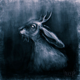 2_horns ambiguous_gender antlers ears_down feral fur gradient_background horn mouth_closed pivoted_ears rabbit_ears side_view simple_background solo text whiskers louceph jackalope lagomorph mammal 1:1 2019 artist_name black_and_blue digital_media_(artwork) digital_painting_(artwork) hi_res painting_(artwork) signature male_(lore)