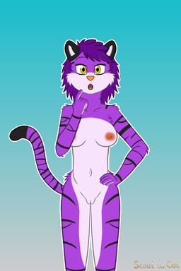 anthro black_body black_fur black_stripes breasts female fur genitals hair markings nipples nude purple_body purple_fur purple_hair solo striped_markings striped_tail stripes tail tail_markings vulva white_body white_fur yellow_eyes scoutthecat02 crystal_the_tiger felid mammal pantherine tiger hi_res
