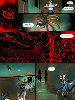 1_eye 4_fingers 5_fingers ambiguous_gender anthro biotech blonde_hair dialogue dreadlocks female fingers fur green_eyes group hair jumping multicolored_body multicolored_fur trio two_tone_body two_tone_fur violence tyunre nafisa_vharr_antrelys bovid caprine mammal 3:4 comic hi_res