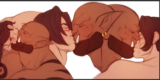duo ear_piercing eyes_closed fangs humanoid_pointy_ears interspecies kissing male male/male muscular muscular_male muscular_on_muscular piercing pointy_ears scar tattoo teeth tusks leelikessmut blizzard_entertainment warcraft garrosh_hellscream varian_wrynn human humanoid mammal orc