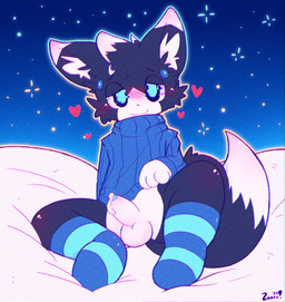 anthro balls bed black_body black_fur blue_eyes blush bodily_fluids bottomless bottomless_anthro bottomless_male cheek_tuft clothed clothing cum facial_tuft femboy fluffy footwear foreskin fur furniture genital_fluids genitals half-closed_eyes happy heart_symbol inner_ear_fluff legwear looking_at_viewer male narrowed_eyes on_bed pattern_clothing pattern_footwear pattern_legwear pattern_socks penis sitting smile socks solo striped_clothing striped_footwear striped_socks stripes sweater tail topwear tuft white_body white_fur zaaru domestic_cat felid feline felis mammal hi_res