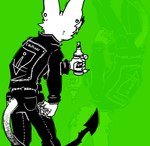 alcohol alternative_fashion anthro beer beer_bottle beverage bottle bottomwear cheek_tuft clothing container denim denim_bottomwear denim_clothing ear_piercing facial_tuft fangs gauged_ear green_background jacket jeans leather leather_clothing leather_jacket leather_topwear male pants patch_(fabric) piercing punk simple_background solo spade_tail tail teeth topwear tuft sinsquest sins_(sinsquest) bat mammal monochrome trans_(lore) trans_man_(lore)