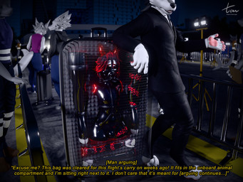 amputated_legs amputee anthro bdsm bondage bound clothing container_bondage corporate disability drone dronesuit duo gas_mask hypnosis latex luggage male mask mind_control missing_arm neon_lights petals public public_transportation security storage suit suitcase suitcase_bondage tavvy_tav dreddy_(dreddyhypno) bovid caprine goat imp mammal hi_res