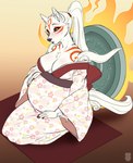 5_fingers anthro anthrofied asian_clothing belly big_belly big_breasts black_nose breasts clothing colored_nails east_asian_clothing female fingers fur hair humanoid_hands japanese_clothing kimono kneeling markings nails ponytail pregnant pregnant_anthro pregnant_female red_markings red_nails solo white_body white_fur white_hair pregoo capcom clover_studio okami_(capcom) amaterasu_(okami) canid canine canis mammal wolf 2023 hi_res signature