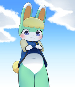 anthro belly blonde_hair blue_clothing blue_jacket blue_topwear blush blush_lines clothed clothing clothing_lift cloud cotton_tail countershading dipstick_ears ear_markings embarrassed featureless_crotch fur hair jacket jacket_lift letterman_jacket looking_down male multicolored_ears navel sky solo standing tail teal_body teal_fur topwear white_body white_fur yellow_body yellow_fur sum animal_crossing nintendo sasha_(animal_crossing) lagomorph leporid mammal rabbit 2025 absurd_res hi_res