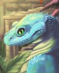 ambiguous_gender blue_body blue_scales green_eyes outside pillar plant ruins scales smile solo dew_dragon gecko lizard reptile scalie hi_res