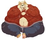 anthro belly big_belly button_(fastener) cinnamon_bun claws clothed clothing eating eyewear food fur glasses holding_food holding_object male moobs morbidly_obese morbidly_obese_anthro morbidly_obese_male navel obese obese_anthro obese_male open_mouth open_smile overweight overweight_anthro overweight_male pastry simple_background sitting smile solo straining_buttons tan_body tan_fur thick_thighs toe_claws white_background wide_hips opblaaskrokodil reuben_(naughtybutt) canid canine canis domestic_dog herding_dog mammal pastoral_dog welsh_corgi