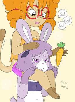 abdominal_bulge accessory anthro belly bottomwear candy carrot carrying_another clothed clothing dessert duo eyewear female female/female food fur glasses hair_accessory heart_pupils jogging navel orange_body orange_fur overweight overweight_female paws piggyback plant purple_body purple_eyes red_eyewear red_glasses running shorts speech_bubble vegetable young young_female y0dare bat domestic_cat felid feline felis lagomorph leporid mammal rabbit hi_res