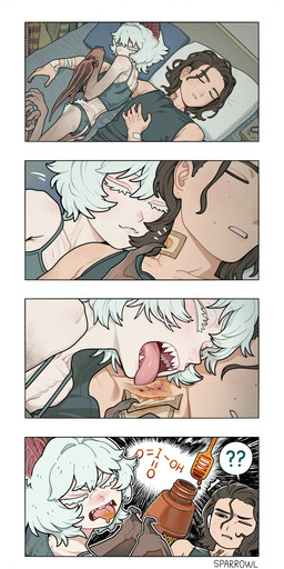 4_toes accessory band-aid band-aid_on_neck bandage bandaged_arm bandaged_hand bandaged_neck bangs barefoot bed bedroom bite_mark black_camisole black_claws black_clothing black_ears black_eyes black_membrane black_panties black_shirt black_topwear black_underwear black_wings blood blue_pillow bodily_fluids breasts brown_eyebrows brown_hair claws clothed clothed_female clothed_human clothed_humanoid clothed_male clothing collarbone confusion cuddling disgust disinfectant duo eyebrows eyelashes eyes_closed fangs feet female female_humanoid fur furniture hair hair_accessory hair_tie head_turned human_on_humanoid inside interspecies iodine_(element) knight larger_human larger_male licking licking_blood lips long_hair lying male male/female male_human markings medium_breasts membrane_(anatomy) membranous_wings mole_(marking) monster_girl_(genre) mouth_closed neck_lick on_back on_bed on_side one_eye_closed open_mouth panties piercing pillow pink_inner_ear pink_lips pink_tongue question_mark ribs sharp_teeth shirt short_hair shoulder_blades size_difference skinny skinny_female skinny_humanoid sleeping sleeveless_shirt smaller_female smaller_humanoid speech_bubble tail teeth text thick_eyelashes toes tongue tongue_out topwear underwear underwear_only warrior white_body white_eyebrows white_eyelashes white_fur white_hair white_pillow wings sparrowl animal_humanoid bat bat_humanoid human humanoid leaf-nosed_bat mammal mammal_humanoid microbat vampire_bat vampire_bat_humanoid yangochiropteran 2025 absurd_res artist_name comic hi_res