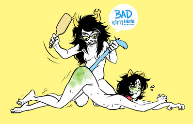 ass_up bell bell_collar black_hair black_lips blue_tail blush bodily_fluids breasts butt butt_slap cheek_blush collar collar_only colored_nails curled_fingers curling_toes dominant dominant_female dominant_female_submissive_female dominant_humanoid duo exclamation_point eyes_closed eyewear eyewear_only feet female female/female glasses glasses_only green_blush hair holding_paddle horn kneeling lips motion_lines multiple_pupils nails not_furry nude punishment red_collar reddened_butt shaking simple_background slap small_breasts smile spank_marks spank_marks_on_ass spanking spanking_paddle speech_bubble submissive submissive_female submissive_humanoid sweat tail tail_pull tremble_lines trembling wearing_glasses white_body white_skin yellow_background yellow_horn yellow_nails yellow_sclera malabie homestuck ms_paint_adventures nepeta_leijon vriska_serket alien horned_humanoid humanoid troll_(homestuck) 2013 digital_drawing_(artwork) digital_media_(artwork) full-length_portrait portrait