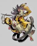 angry bottomless claws clothed clothing feet hair male melee_weapon paws pose samurai simple_background solo sword warrior weapon jeacn arc_system_works asian_mythology blazblue east_asian_mythology japanese_mythology mythology jubei_(blazblue) beastkin felid kaka_(blazblue) mammal yokai hi_res