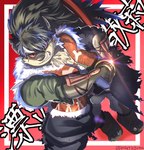 anthro fur grey_body grey_fur grin hair katana male melee_weapon ponytail ragged_clothing samurai scar smile solo sword text warrior weapon martuguma lifewonders tokyo_afterschool_summoners shino_(tas) canid canine canis domestic_dog mammal absurd_res hi_res japanese_text