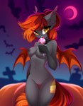 anthro bat_wings blood_moon breasts candy cemetery cutie_mark dessert female food genitals holidays lollipop looking_at_viewer membrane_(anatomy) membranous_wings nipples nude open_mouth outdoor_nudity outside pussy solo spread_wings thigh_gap tombstone wings airiniblock halloween hasbro my_little_pony candlelight_(candel) fan_character bat_pony equid equine mammal absurd_res hi_res