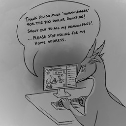 2_horns anthro bodily_fluids computer computer_keyboard dialogue electronics female horn human_fetish humor keyboard livestream male sad sitting solo speech_bubble tears text unknown_artist mythology dragon human mammal mythological_creature mythological_scalie scalie 1:1 english_text monochrome