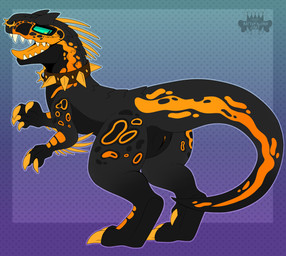4_fingers andromorph animal_genitalia arm_markings arm_spines biped bipedal_feral black_body black_scales border butt claw_fingers claws cloaca collar countershading curved_tail dewclaw digitigrade facial_markings facial_piercing feral fingers genitals gradient_background gradient_outline green_eyes head_markings intersex leg_markings logo looking_back looking_back_at_self markings multicolored_body multicolored_scales no_sclera nose_piercing nose_ring open_mouth open_smile orange_body orange_claws orange_markings orange_scales orange_spikes orange_spines orange_toe_claws orange_tongue outline outside_border pattern_background paws piercing pupils rear_view reverse_countershading ring_piercing scales sharp_teeth side_view simple_background slit_pupils smile solo spiked_collar spiked_piercing spikes spines tail tail_markings teeth text three-quarter_view toe_claws tongue vulva kaitofalonx jurassic_park jurassic_world universal_studios nero_(kaitofalonx) dinosaur indominus_rex prehistoric_species reptile saurischian scalie theropod 2025 artist_logo artist_name dated hi_res trans_(lore) trans_man_(lore)