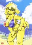 ahoge american_flag american_flag_bikini anthro beach big_breasts bikini blonde_hair breasts cleavage clothed clothing female flag flag_bikini flag_clothing flag_print flag_swimwear fur hair kemono leaning leaning_forward looking_at_viewer nipple_outline one_eye_closed outside print_bikini print_clothing print_swimwear seaside short_hair smile solo standing swimwear two-piece_swimsuit united_states_of_america yellow_body yellow_fur pizademokttero canid canine mammal 2017 hi_res portrait three-quarter_portrait