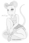 anthro ballerina_shoes breasts female mouse_tail sitting small_breasts solo tail text scificat angelina_ballerina angelina_mouseling mammal mouse murid murine rodent black_and_white monochrome url