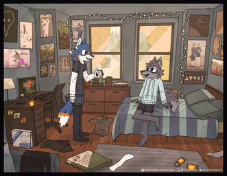 5_fingers anthro barefoot bed beverage_can blue_body blue_fur cactus chair clothed clothed_anthro clothed_male clothes_on_floor clothing computer computer_monitor death_star desk dresser duo electronics eyewear feet fingers floor fluffy fluffy_tail footwear fur furniture glasses grey_body grey_fur inside male on_bed open_mouth pillow plant poster poster_(object) roommate rug sitting sitting_on_bed social_media socks standing string_lights table tail talking_to_another text wearing_glasses white_body white_fur window wood wood_floor frencore neon_genesis_evangelion star_wars the_witcher warhammer_(franchise) eva_unit_01 sachiel_(evangelion) canid canine canis mammal wolf 2025 artist_name colored digital_drawing_(artwork) digital_media_(artwork) english_description hi_res
