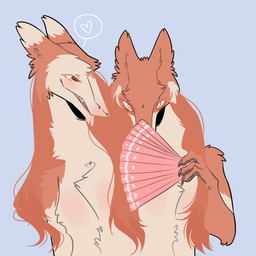 anthro blind blue_background brown_eyes conjoined disability fur hair heart_symbol holding_fan long_hair male multi_body red_body red_fur red_hair simple_background solo tan_body tan_fur hamham_gd futago_and_antifutago sergal 1:1 hi_res