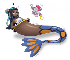ambiguous_gender blue_eyes demi_transformation duo female feral gym_leader mid_transformation pokemon_transformation simple_background species_transformation transformation transformation_ring white_background joyvell nintendo pokemon nessa_(pokemon) aquatic generation_3_pokemon generation_6_pokemon hoopa hoopa_(confined) human legendary_pokemon mammal milotic pokemon_(species) hi_res