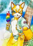 anthro beach bulge clothing dessert eyewear fingerless_gloves food fur gloves green_eyes handwear ice_cream jacket licking licking_lips male orange_body orange_fur palm_tree plant solo speedo sunglasses swimwear tongue topwear tree ulala_ko nintendo star_fox fox_mccloud canid canine fox mammal hi_res