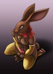 anthro armwear balls bell bell_collar big_balls big_ears candy chocolate chocolate_bunny clothing collar dessert erection food genitals kneeling legwear male paws penis ribbons sitting smooth_penis solo darekunslaad lagomorph leporid mammal rabbit absurd_res hi_res