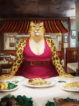 anthro belly_on_table belt breasts ceiling chair cleavage clothed clothing cutlery detailed_background dress female food fur furniture hands_on_table hot_dog inside kitchen_utensils leaning leaning_on_table looking_at_viewer meat overweight overweight_anthro overweight_female pink_clothing pink_dress plate restaurant salad smile smirk solo table tools wood yellow_body yellow_fur cettus ilse_lemaire felid jaguar mammal pantherine absurd_res hi_res