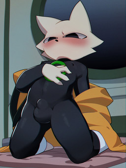 4_fingers anthro balls_outline black_clothing black_eyes black_nose blush bulge clothing detailed_bulge fingers front_view fur genital_outline kneeling male navel_outline nipple_outline skinsuit solo tight_clothing undressing white_body white_fur yellow_clothing harusuke nine_sols red_candle_games yi_(nine_sols) felid feline mammal solarian 2026 absurd_res hi_res