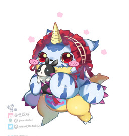 animal_skin anthro blush bonnet chibi clothing fur headgear headwear plushie red_eyes solo striped_body striped_fur stripes youzaiyouzai112 bandai_namco digimon digimon_(species) gabumon hi_res