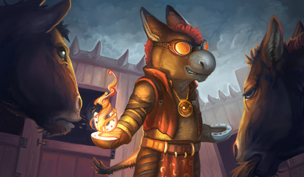 anthro belt clothing eating eyewear fire front_view goggles grin group hooves horseshoe jewelry magic male parody pendant smile solo_focus stable standing topwear vest alradeck conditional_dnp hasbro magic:_the_gathering wizards_of_the_coast asinus donkey equid equine mammal hi_res official_art