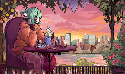 anthro beverage bottomwear cake chair city cityscape clothing cloud dessert detailed_background femboy flower food furniture green_hair hair head_on_hand hoodie legwear looking_away male on_chair outside pattern_clothing pattern_legwear plant red_body river shorts sitting sitting_on_chair solo striped_clothing striped_legwear stripes sunset table topwear tree whollysensei mika_(hootsalot) ailurid mammal red_panda 5:3 absurd_res digital_media_(artwork) digital_painting_(artwork) hi_res painting_(artwork) portrait three-quarter_portrait